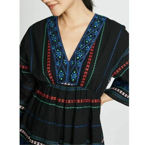 Joie Boho Embroidered Cotton Mini Dress Small Black VNeck Blue Shada Bell Sleeve - Picture 4 of 9